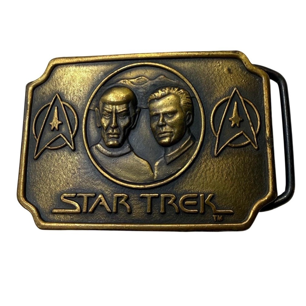 Vintage 1991 Star Trek Kirk and Spock Brass Tone Belt Buckle